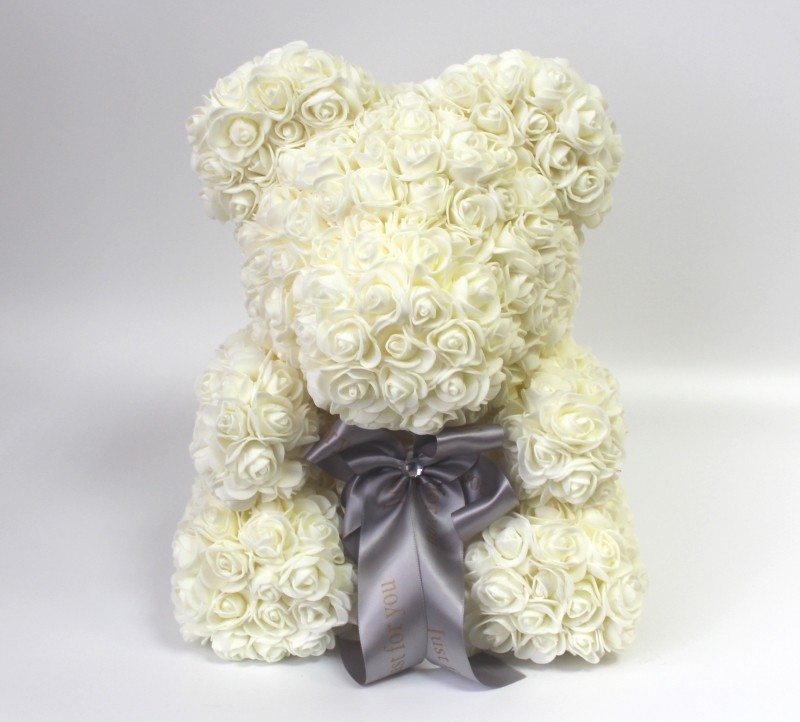 Мишка ручной работы из сотен роз с ленточкой большой кремовый Оригинал в коробке 
