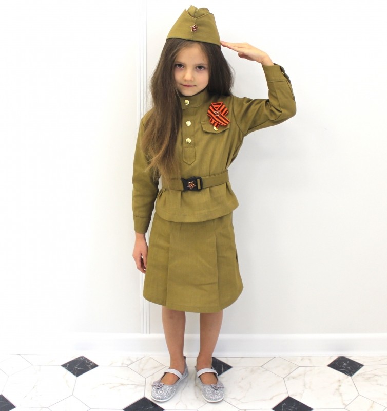 Детский костюм солдатки + оригинальная пилотка и ремень со звездой + георгиевская лента и звезда